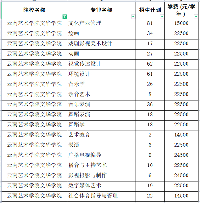 2021年云南艺术学院文华学院专升本招生计划汇总表一览